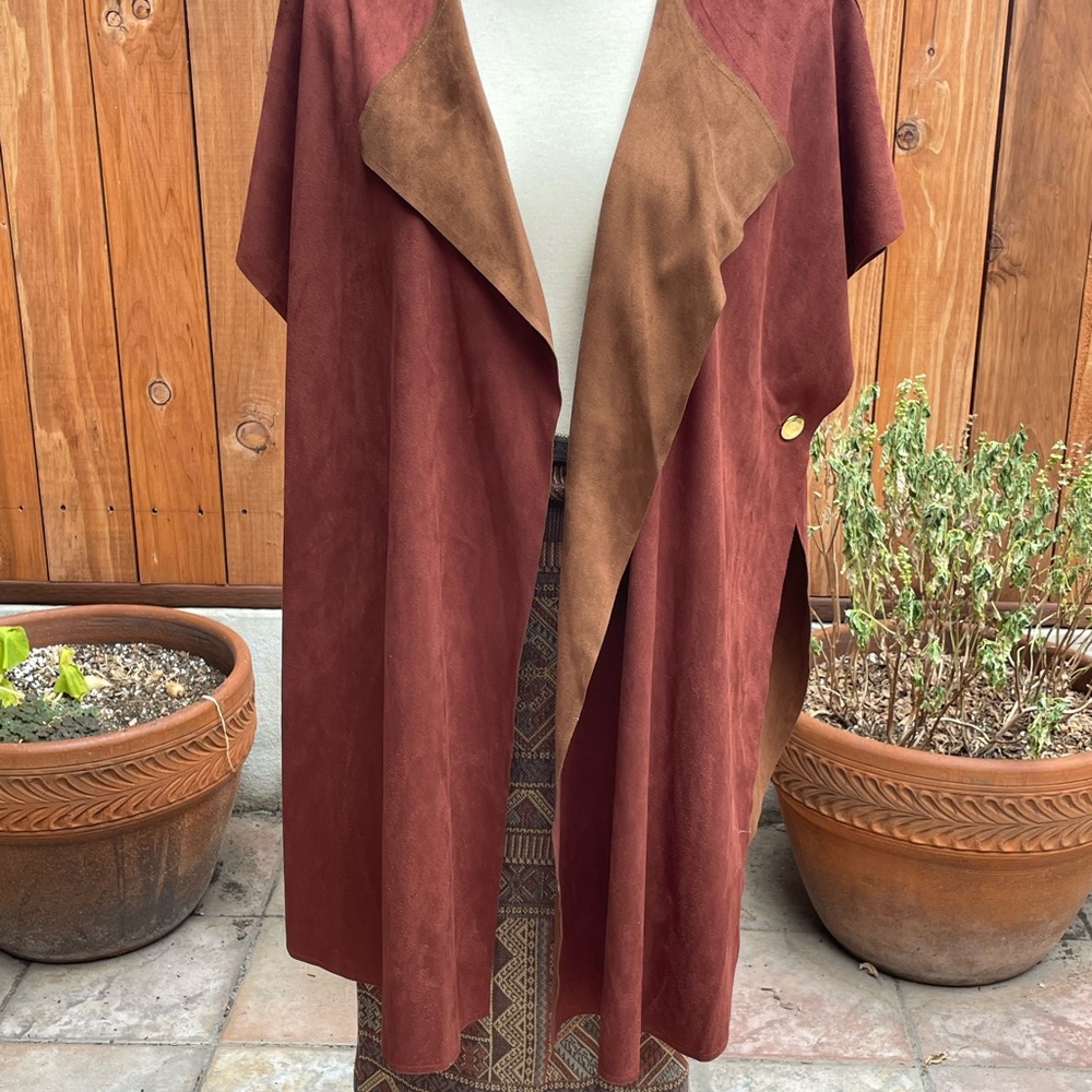 Chicos faux suede duster cardigan jacket rust, brown reversible